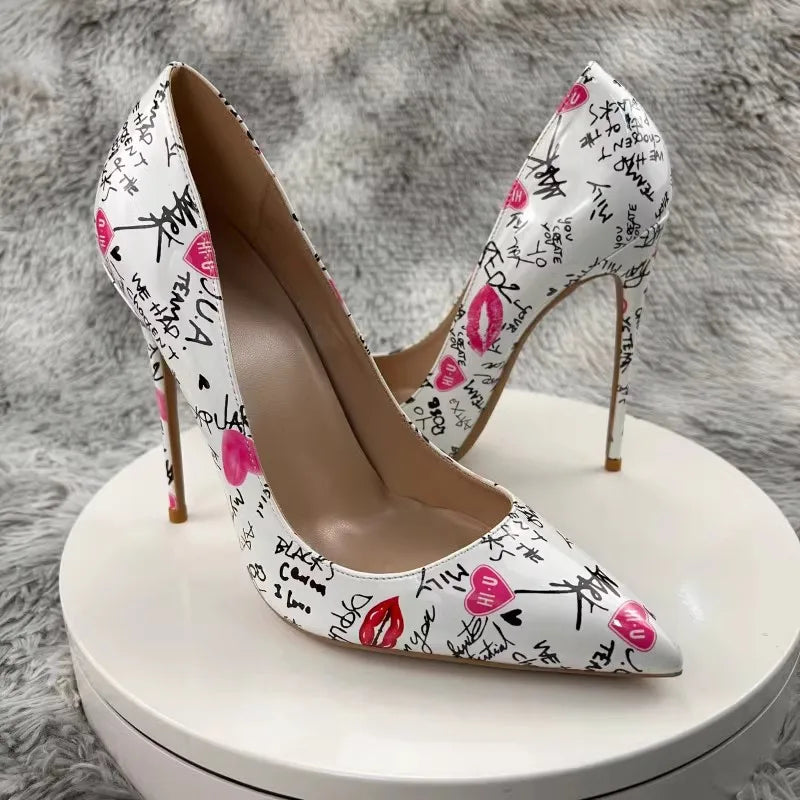 New Fashion White Artistic Graffiti Print Pointed Toe High Heel Shoes 8-12CM Women Sexy Stiletto Party Dress Shoes Plus Size 45