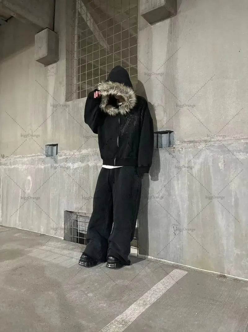 Gothic Harajuku Retro Skull Zipper Hoodie Men Streetwear Y2K Fur Collar Jacket Trendy Hip Hop Casual Oversized Sweatshirt Women