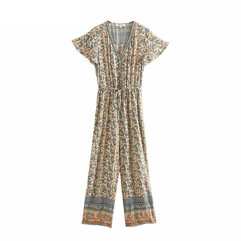 Happie Queens Women Floral Print Lace-up Boho Bodysuits with Pokctes Elastic Waist Short Sleeve Bohemian Rayon Playsuits Rompers