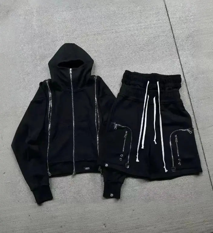 Black Hip Hop Men Zipper Hooded Sweatshirt Double-Waist Zipper Suit American Vintage Retro Fashion New Trend Streetwear