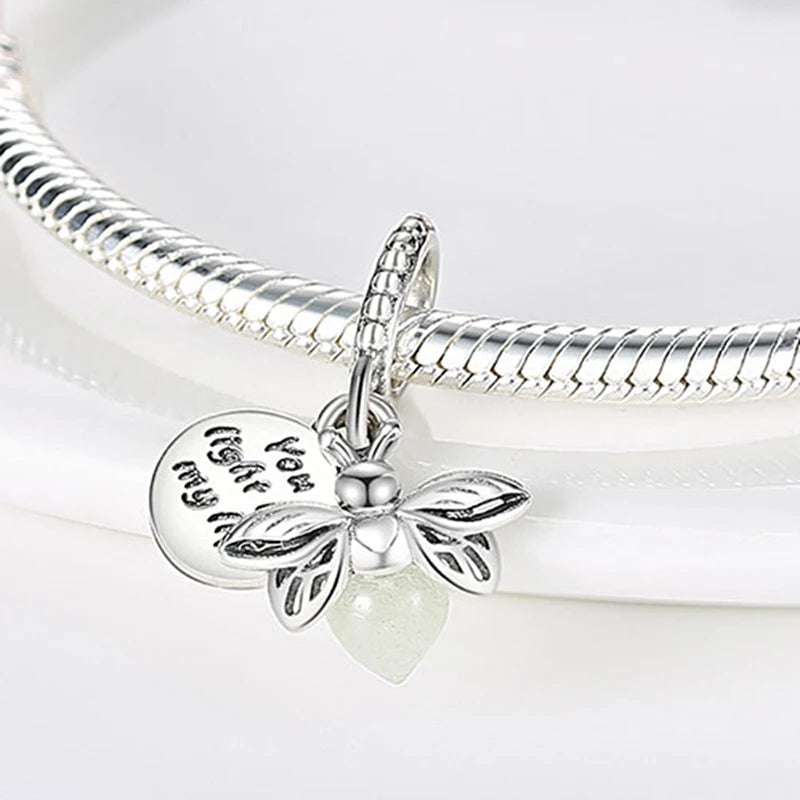 Hot Sale 925 Sterling Silver Charm Beads Glowing Luminous Firefly Star Light Bulb Pendant for Bracelet DIY Charms Jewelry