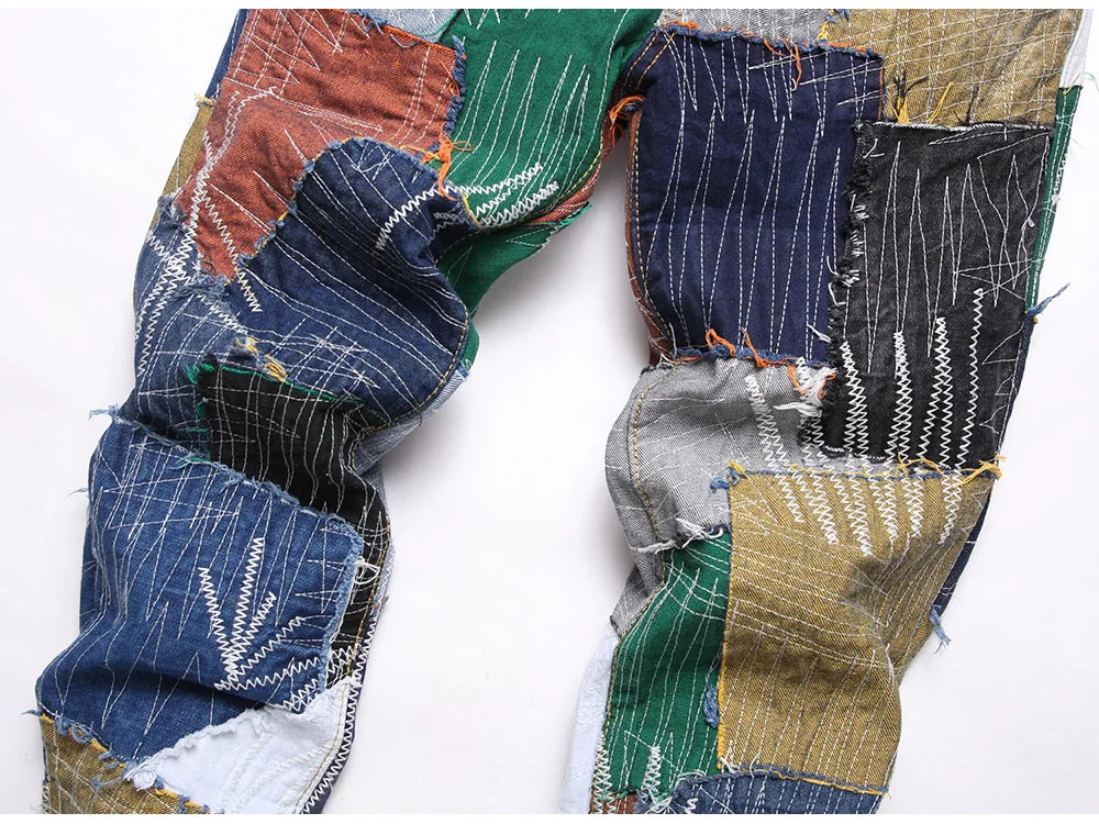 Men Patchwork Denim Jeans Release Hem Colorful Patches Embroidery Pants Non Stretch Cotton Slim Straight Trousers