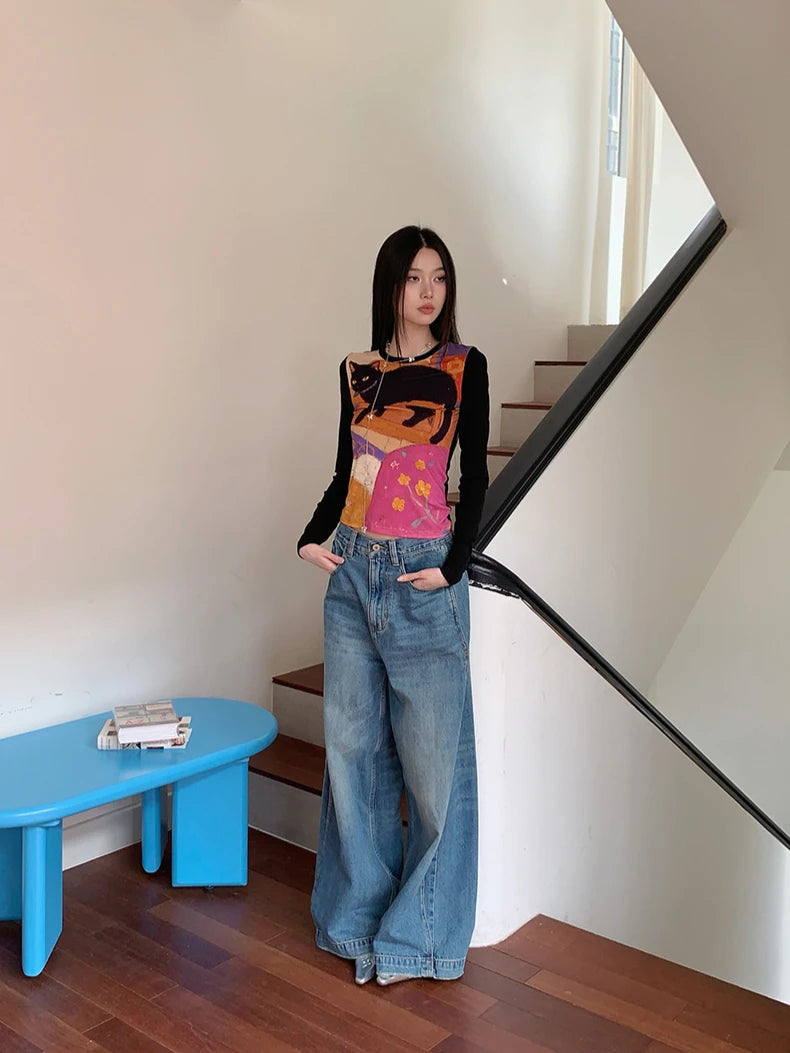 CHEERART Cat Funny Graphic T Shirts Long Sleeve Top For Woman Illustration Print Patchwork Cute Tees Designer Clothes 2025
