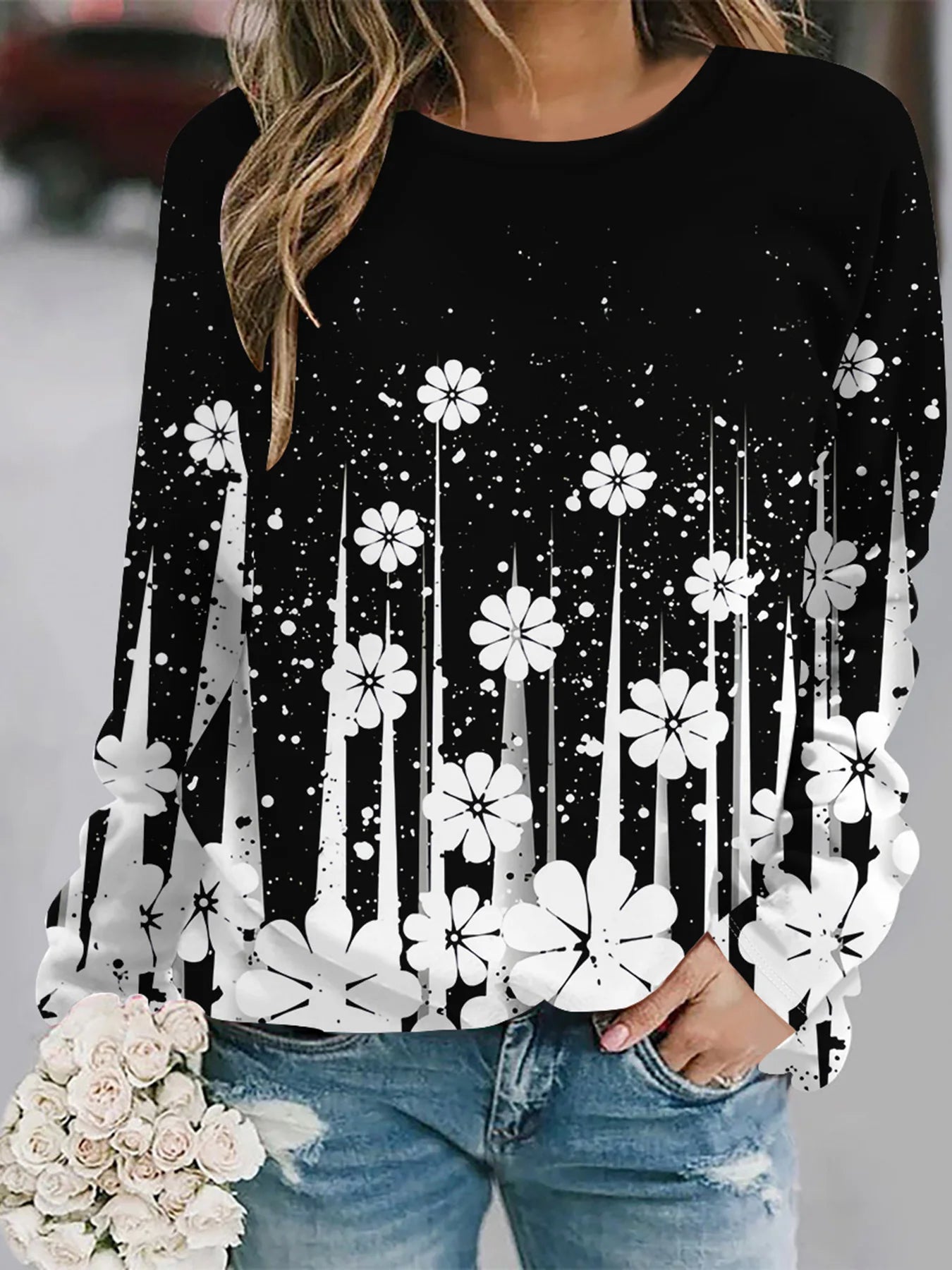 2025 Autumn and winter new fashion round neck long sleeve printed elegant casual loose hoodie