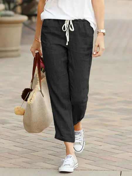 Women Elastic Drawstring Waist Cotton Linen Wide Leg Ankle Pants Summer Female Long Loose Trousers ARJ-K01