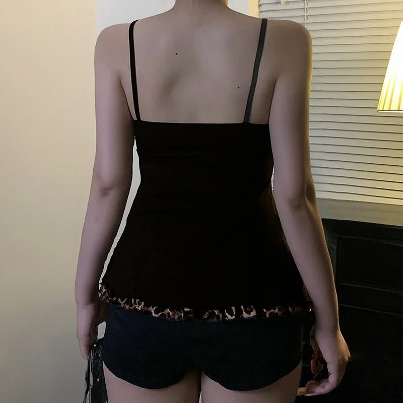American Hotsweet Y2k Leopard Camisole Women Retro Streetwear E-girl 90s Dark Gothic Sexy Patchwork Lace-up Crop Tank Top Femme