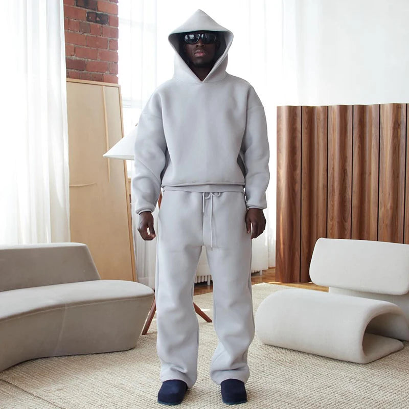 Casual Solid Hooded Pullover Straight Pants 2 Piece Set Tracksuit For Male Fashion Loose Hoodies Sweatshirt Wide Leg Sweatpants