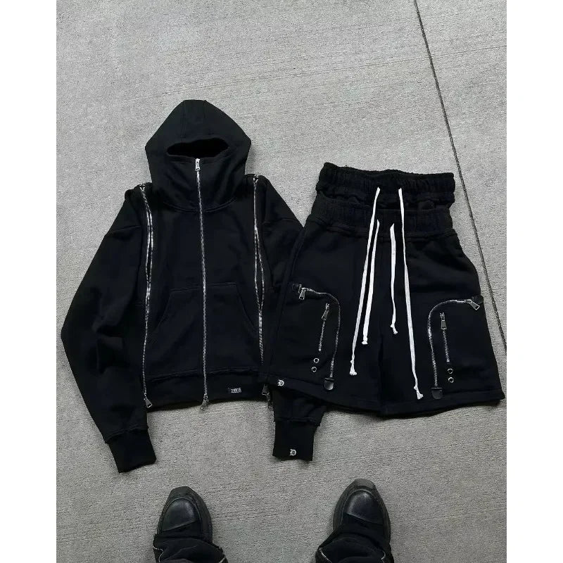 Black Hip Hop Men Zipper Hooded Sweatshirt Double-Waist Zipper Suit American Vintage Retro Fashion New Trend Streetwear