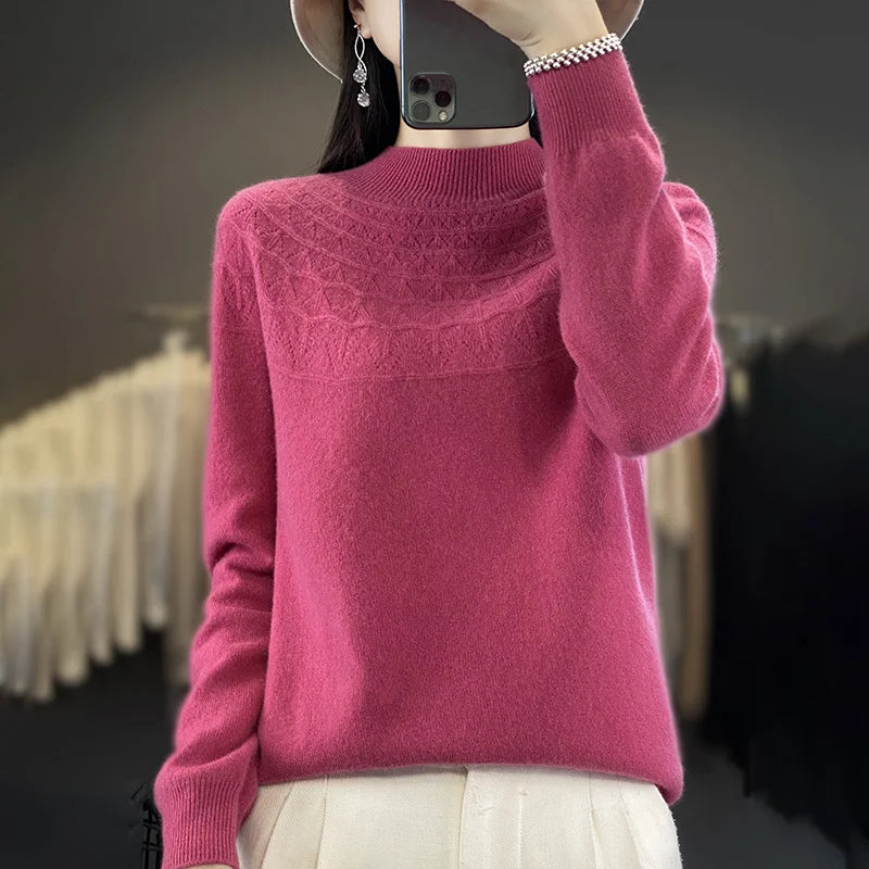 2024 New Line Of Garment Hollowed Out Half Height Women's High-grade Woolen Sweater 100% Pure Wool Multi-color Option WQ