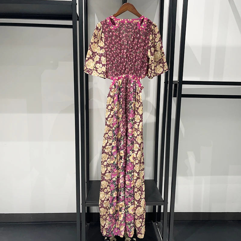 Waist Hollow out Women's Long Dress Deep V Short Sleeve 2025 Summer Lady Floral Printed Robe