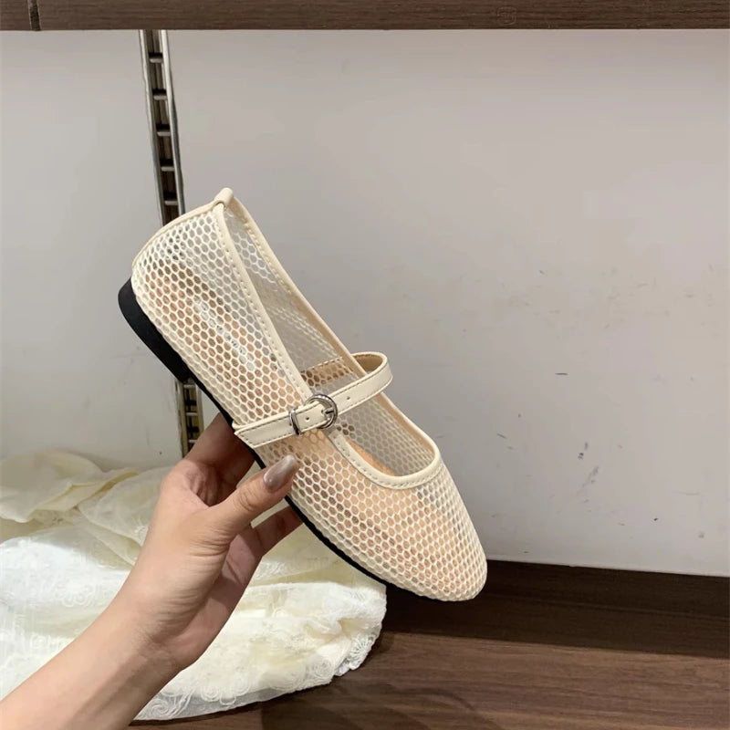 Fishnet Ballet Flats Women Fashion Brand Design Hollow Loafers Mary Jane Shoes Breathable Women Summer Sandals Sandalias Mujer