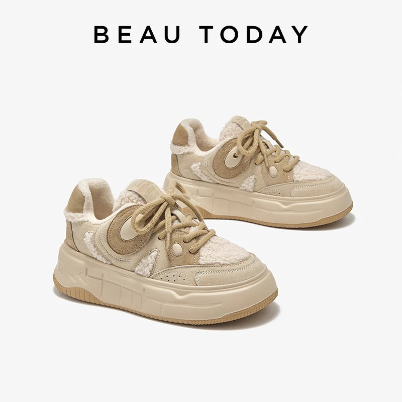 BEAUTODAY Furry Sneakers Women Suede Leather Mixed Colors Non-Slip Lace-up Warm Casual Winter Ladies Shoes Handmad MS1C003