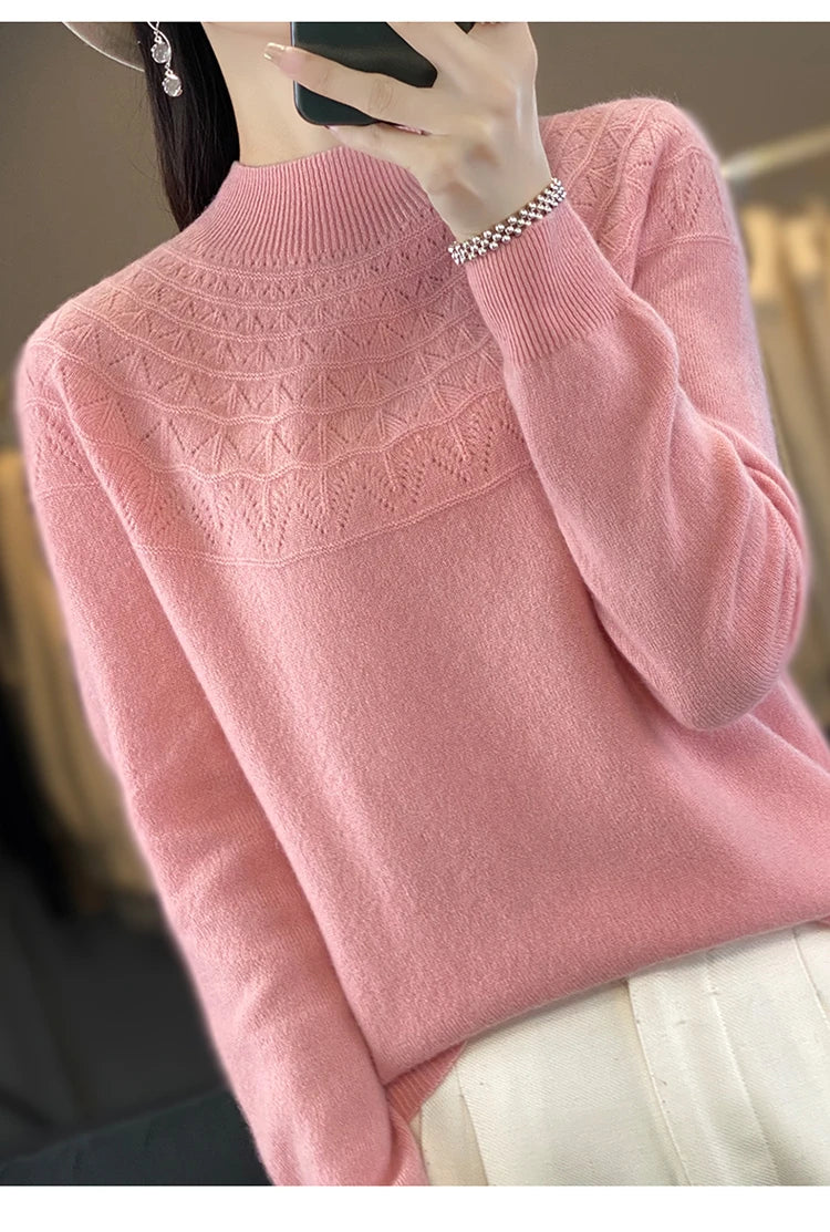 2024 New Line Of Garment Hollowed Out Half Height Women's High-grade Woolen Sweater 100% Pure Wool Multi-color Option WQ