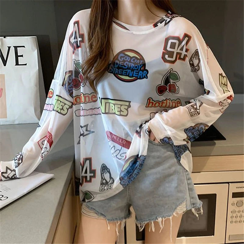Women Letter Graphic Print Sexy Sheer Mesh Harajuku Y2K T Shirt Summer Trendy Long Sleeve Thin Tees Casual Streetwear Tops Ropa