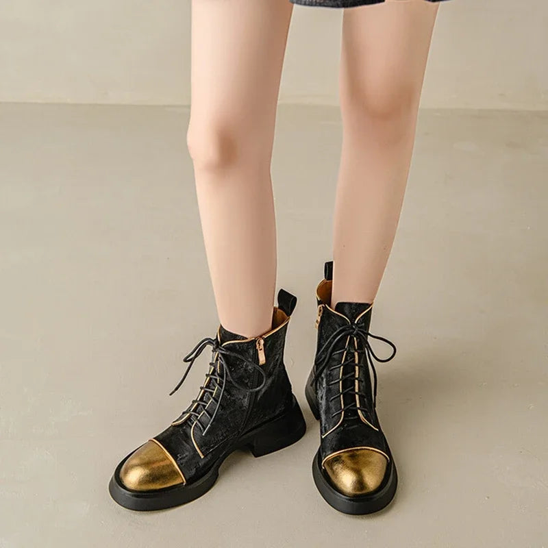 NEW Autumn Women Boots Genuine Leather Shoes for Women Round Toe Chunky Heel Shoes Lace-up Platform Boots Black Ankle Boots