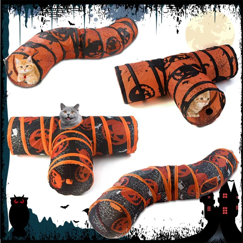 S/T Shape Halloween Print Pet Cat Tunnel Collapsible Hole Indoor Outdoor Tube Kitty Tunnel Cat Toy Space-Saving Cat Training Toy