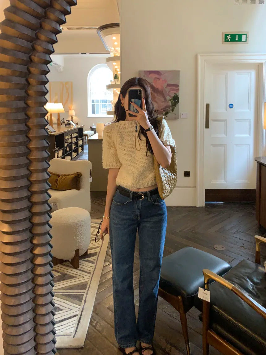 Chic Vintage Heavyweight Knitted Loose ort Sve Striped Sweater for Women Summer Collection oulder Sve