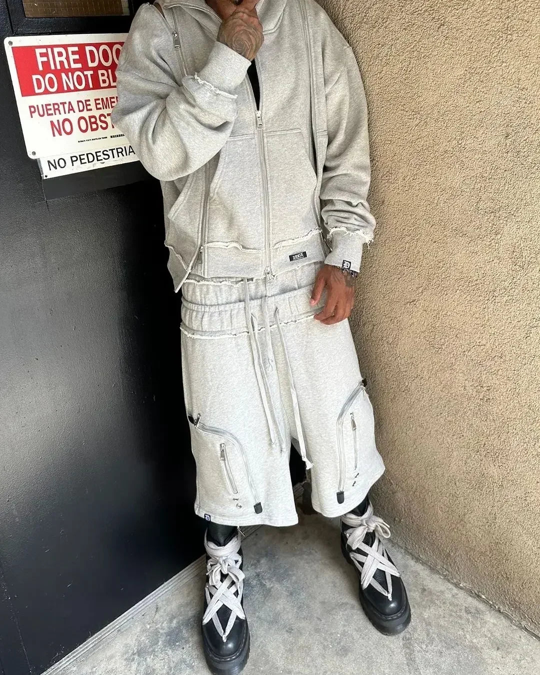 Black Hip Hop Men Zipper Hooded Sweatshirt Double-Waist Zipper Suit American Vintage Retro Fashion New Trend Streetwear