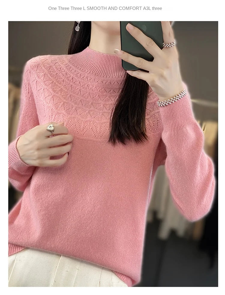 2024 New Line Of Garment Hollowed Out Half Height Women's High-grade Woolen Sweater 100% Pure Wool Multi-color Option WQ