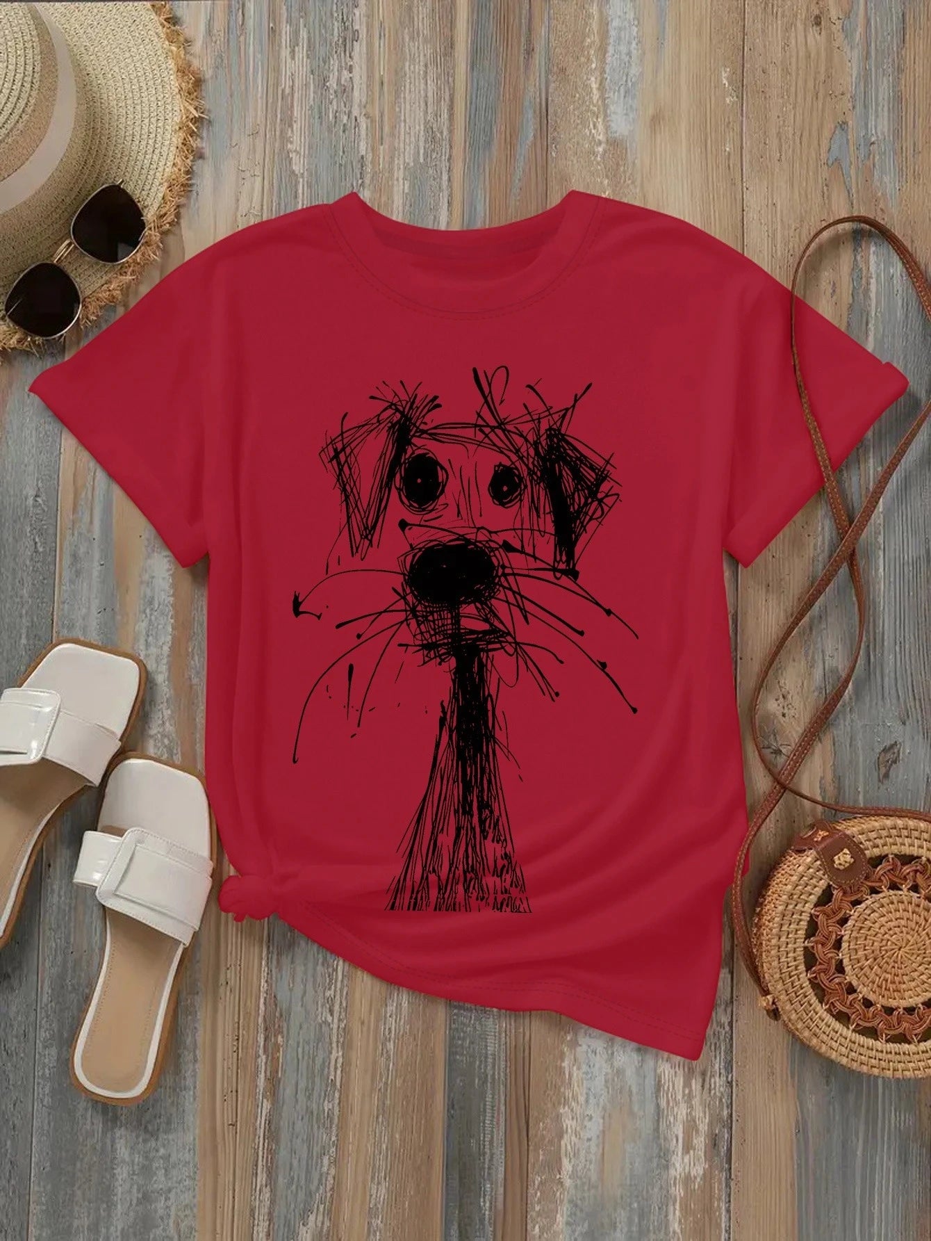 Women's Fashion Printed T-Shirt with Fun Dog Sketch Design Soft Round Neck Short Sleeve Casual Style for Daily Summer Clothing