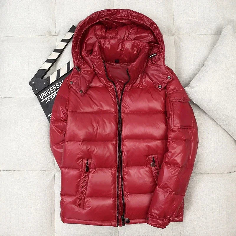 Mens Glossy Parka Casual White Duck Hooded Down Jacket Waterproof Windproof Ski Thick Warm Outwear Men Winter Fashion Shiny Coat