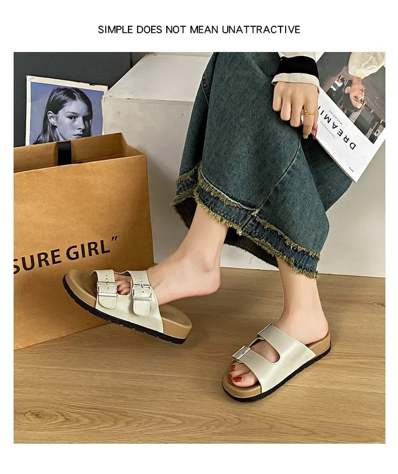 Women's Belted Sandals Roman Style PVC Material Open Toe Metal Decorated Flat Heels Spring Summer Outdoor Wear Fashionable Versa