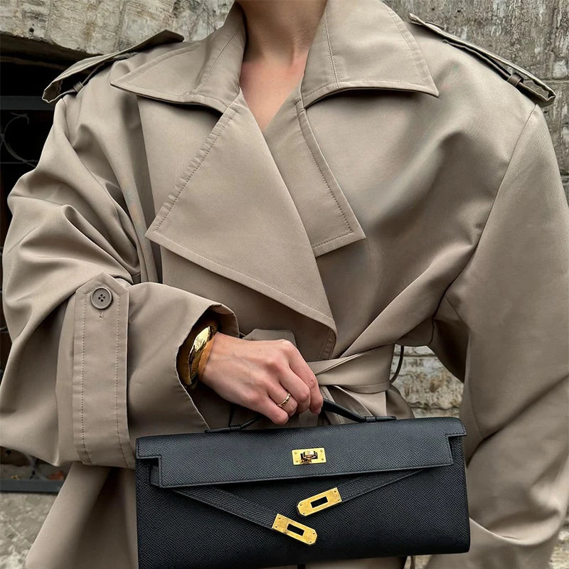 Solid Lapel Lace Up Trench Coat For Women Fashion Long Sleeves Wide Shoulder Short Loose Coat 2025 New Autumn Commute Outwear