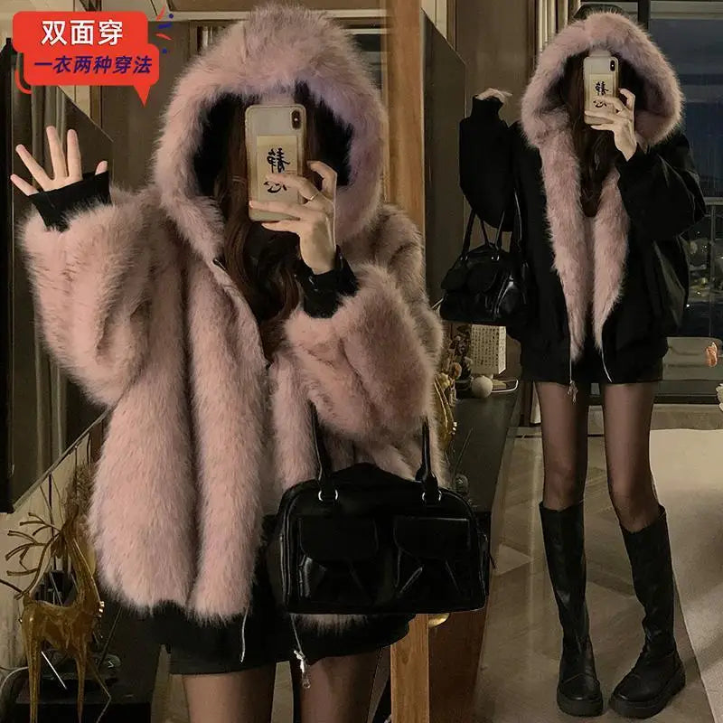 Double-Sided Warm Fur Coat Women Autumn Winter Loose Thicken Plush Cotton Coat 2025 New Women Hooded Imitation Mink Fur Outwear