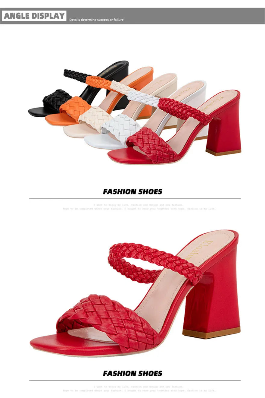 Fashion Weave Thick Heel Women's Slippers Square Toe Summer Casual Ladies Slides Red Orange Shoes Slip On Beach Sexy Pumps Woman