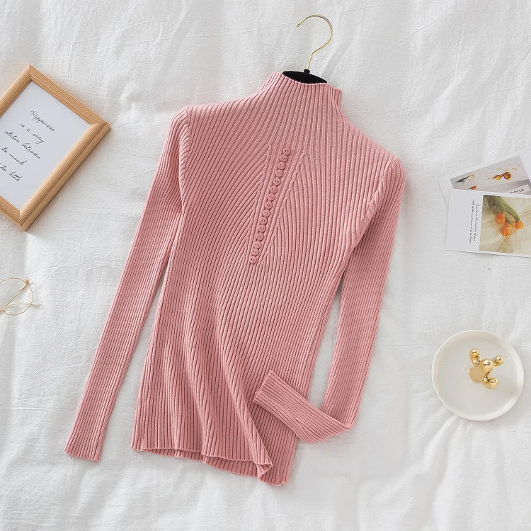 Women Turtleneck Pullovers Autumn Winter Jumper Knitted Basic Top Fashion Solid Color with Button Long Sleeve Ladies Sweater