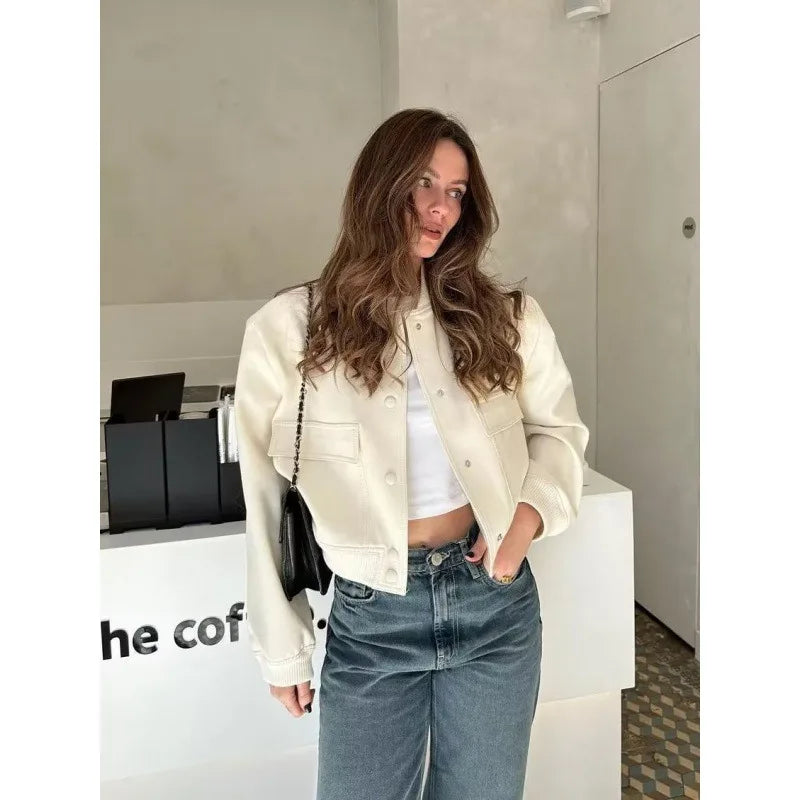 MUJER 2025 Woman Bomber Jacket White Autumn Winter Button Cropped Jackets for Women Fashion Long Sleeve Women Coats Outerwears