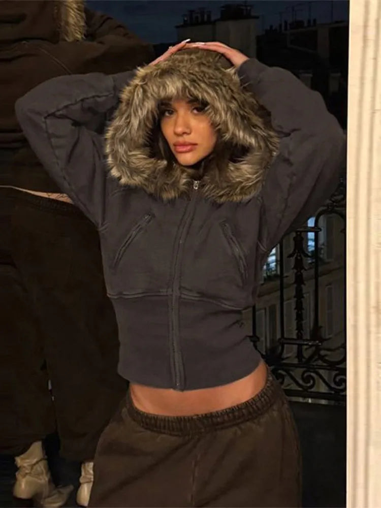 Fashion Solid Feather Hooded Short Jacket Women Zipper Pockets Full Sleeve Waist-closed Coat 2025 Autumn Lady New Street Outwear