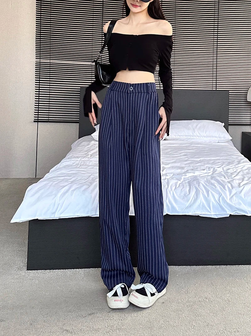 Slimming High Waist Trousers Women's Loose Striped Wide Leg Pants Korean Sle Commute Faion plus Size Long Trousers