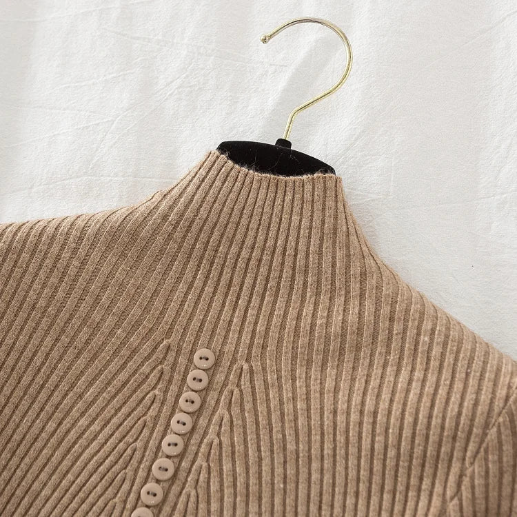 Women Turtleneck Pullovers Autumn Winter Jumper Knitted Basic Top Fashion Solid Color with Button Long Sleeve Ladies Sweater