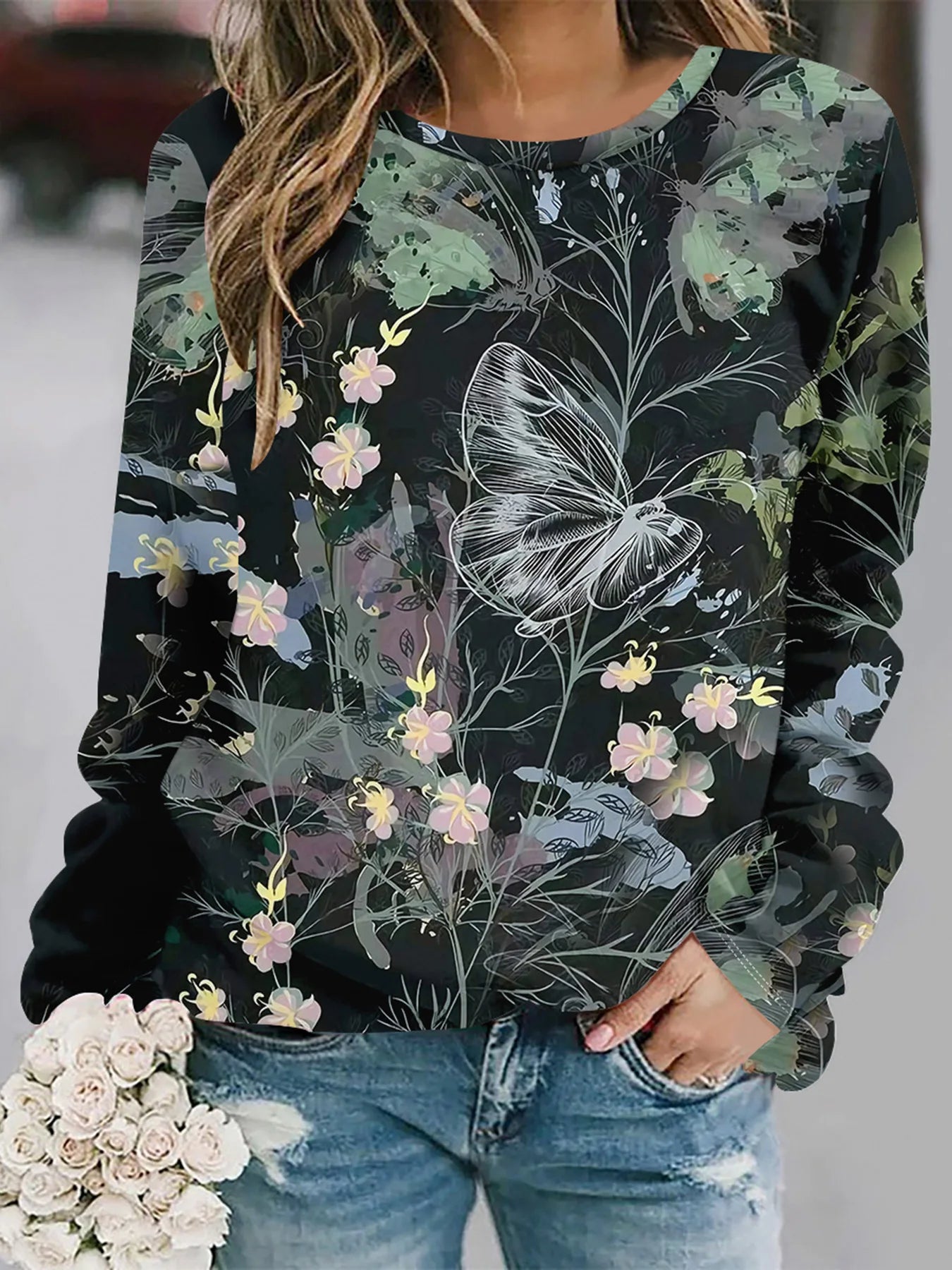 2025 Autumn and winter new fashion round neck long sleeve printed elegant casual loose hoodie
