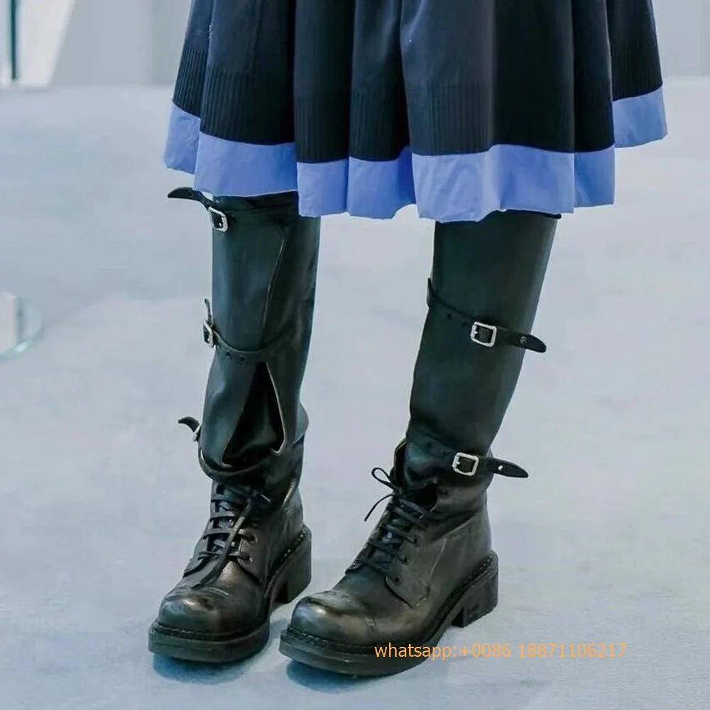 Genuine Leather Ladies Knight Boots 2025 Autumn Belt Buckle Model Catwalk Casual Long Boots Black/brown Thick Heel Casual Boots