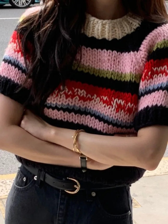 Chic Vintage Heavyweight Knitted Loose ort Sve Striped Sweater for Women Summer Collection oulder Sve