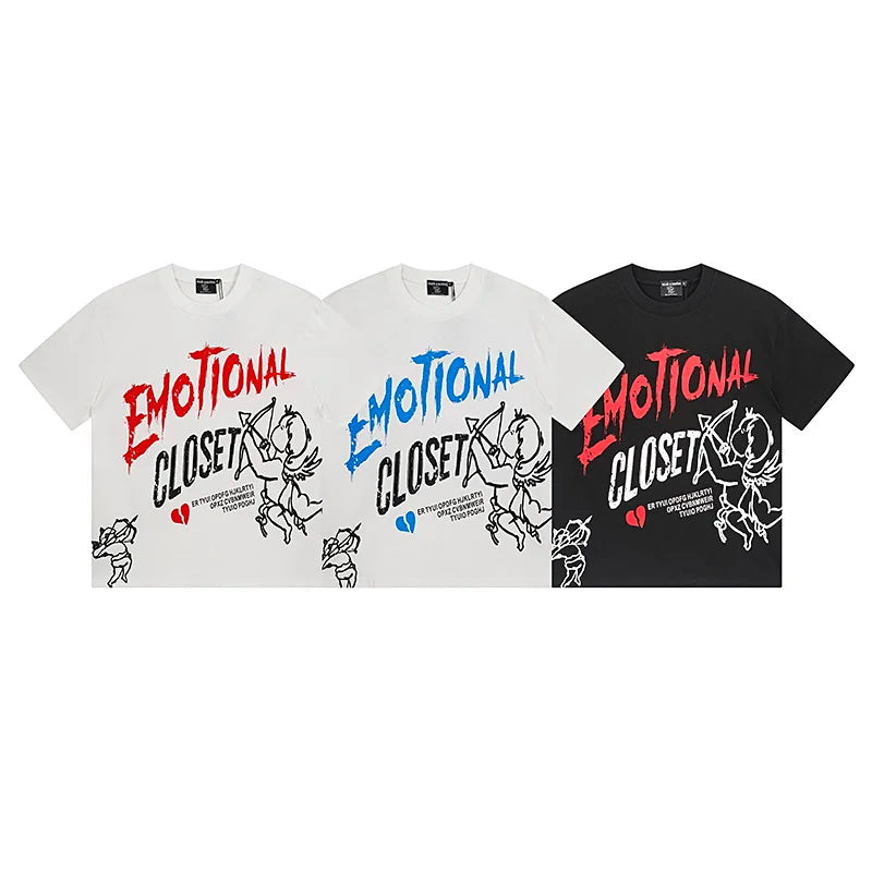 Oversized MIXED EMOTION White T-Shirts Men Women Pure Cotton Casual Red Hot Drill Letters Tshirts