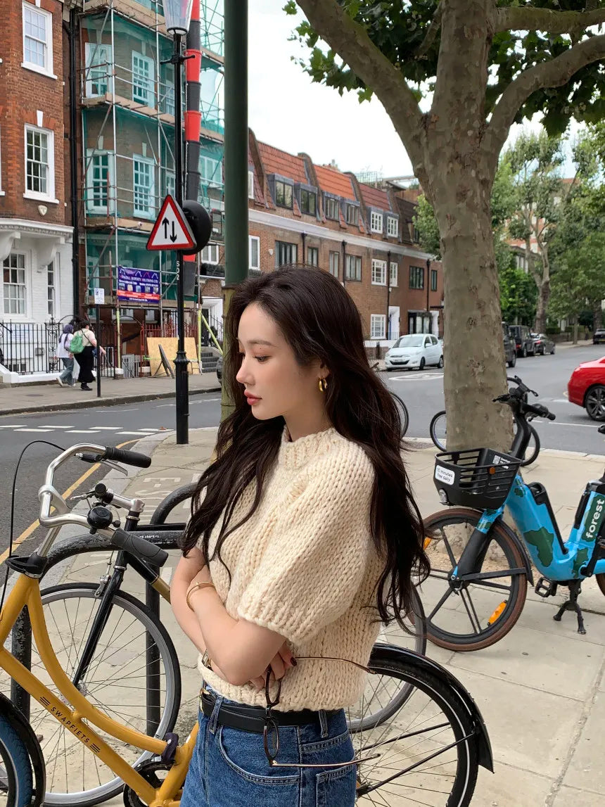 Chic Vintage Heavyweight Knitted Loose ort Sve Striped Sweater for Women Summer Collection oulder Sve