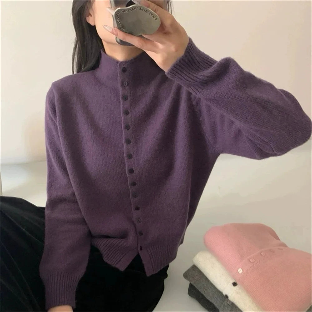 2025 Autumn Winter Korean New Women Double Zipper Hooded Collar Knitting Cardigan Fashion Style Sweater Casual Long Sleeved Tops