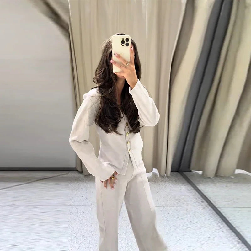 Casual Knitted Pant Suit Women Solid V-neck Full Sleeve Button Jacket Wide Trouser 2025 Autumn Fashion 2 Pieces Set Lady Outfits