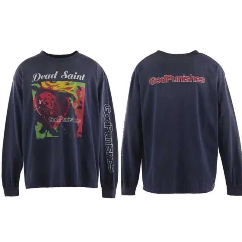 25SS Pure Cotton Saint Michael Long Sleeved T Shirts Men Women 1:1 Washed Black Manga Character Print Hoodies