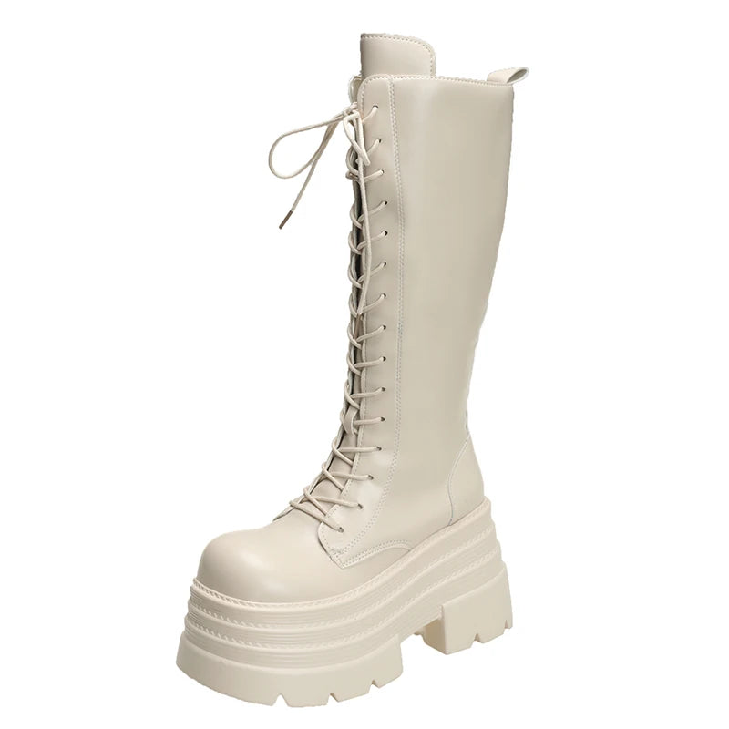 New Women's Roman Long Boots Autumn Winter Knee-high Leather Punk Shoes Chunky Platform Casual Knight Boots Botas Mujer 10CM