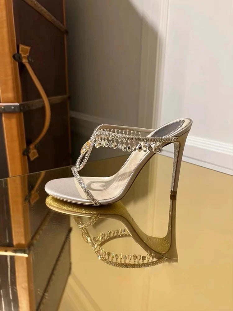 Rhinestone One-word Strap High Heels Slippers Women's 2025 New Summer Sandals Thin Heels Cool Slippers
