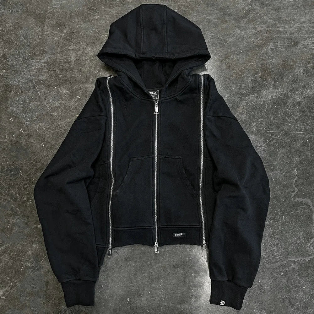 Black Hip Hop Men Zipper Hooded Sweatshirt Double-Waist Zipper Suit American Vintage Retro Fashion New Trend Streetwear