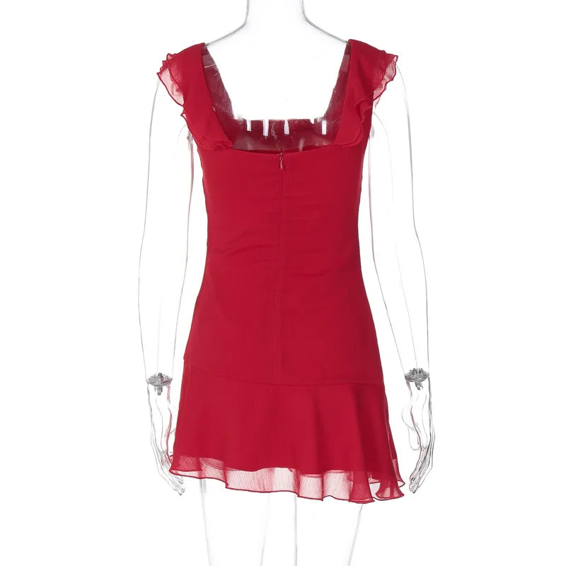 European and American style women's spring new fashion sexy French temperament sleeveless square collar ruffled chiffon dress