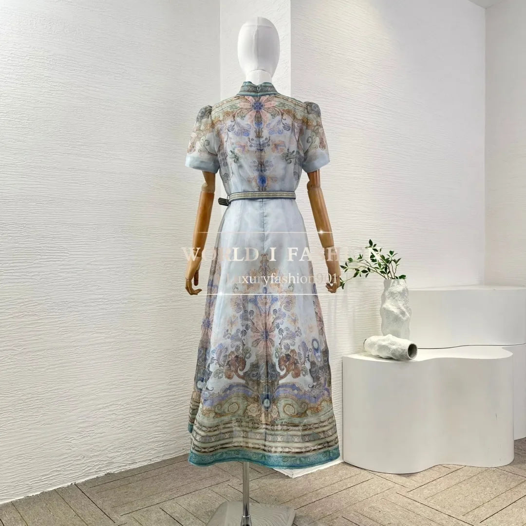 High Quality Blue Paisley Print Short Sleeve Stand Collar Midi Dress