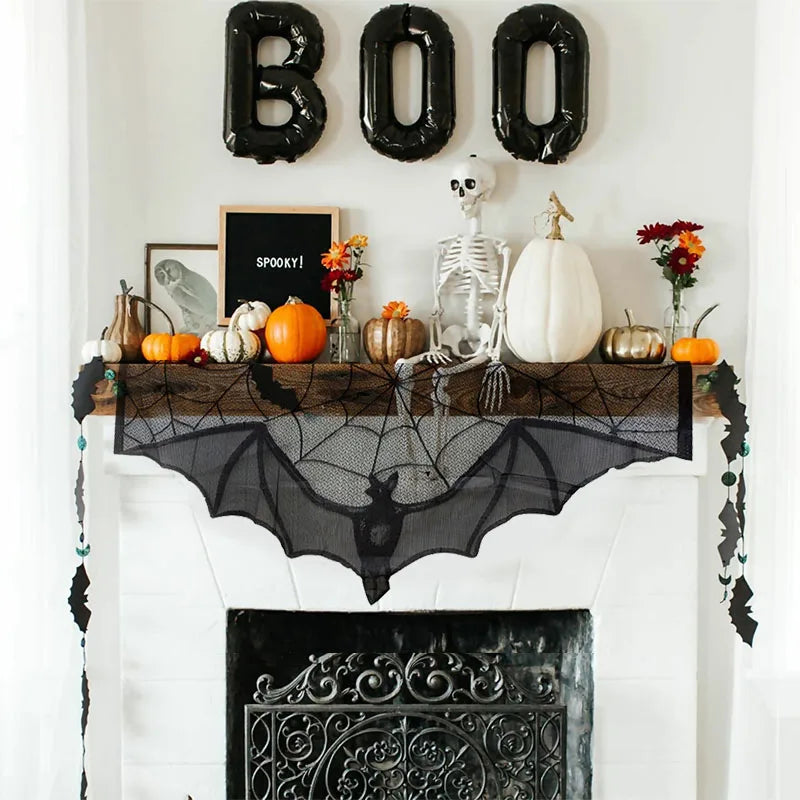 Hallowen Bat Spider Web Table Runner Door Curtain Lace Cobweb Fireplace Cover Lampshade Perfect for Gothic Halloween Decoration