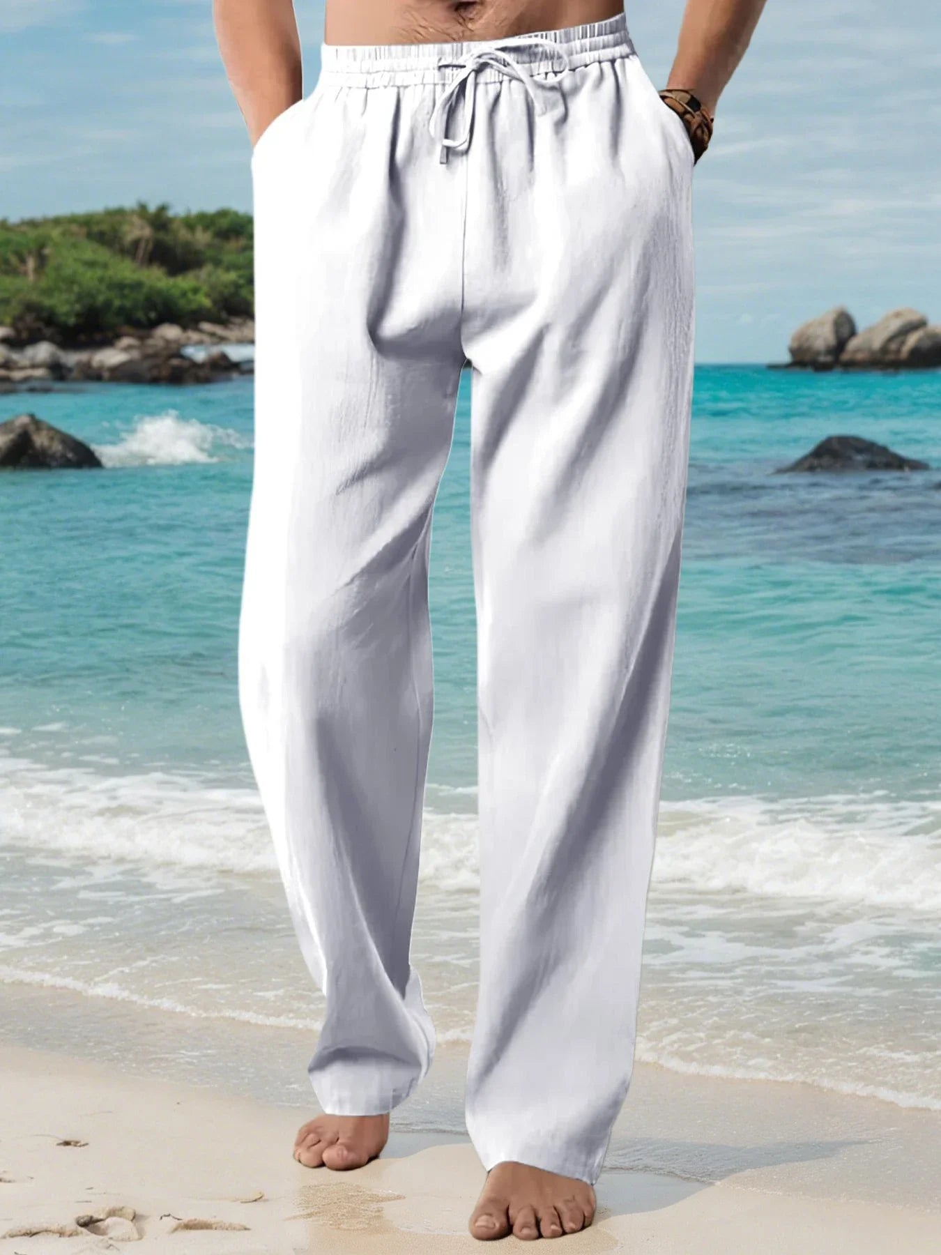 Men's Cotton Linen Casual Long Pants Summer Loose Breathable Beach Pants Solid Color Drawstring Elastic Waist Male Trousers