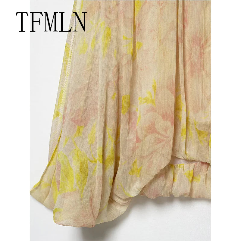 TFMLN Summer Luxury High-End Women Shirt 2025 New Puff Sleeve Chiffon Blouse Back Button Fashionable Feel Beach StylePrint Tops